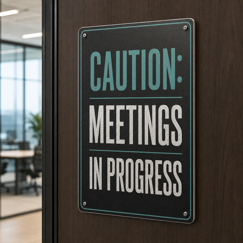 Caution Meetings in Progress aluminum sign mounted on an office door