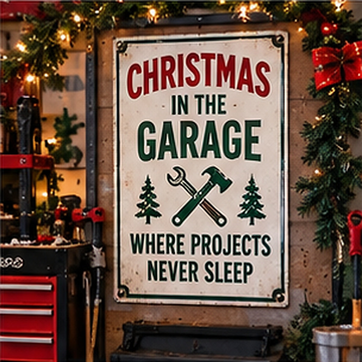 Christmas in the Garage — Where Projects Never Sleep aluminum sign in a realistic decorated garage