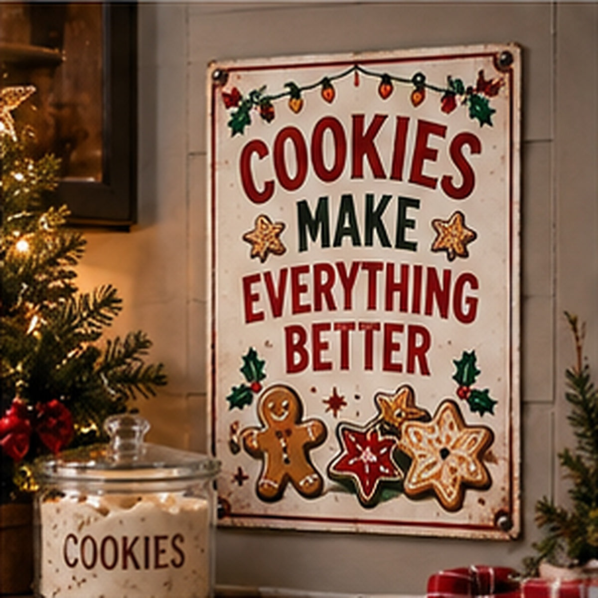 Cookies Make Everything Better aluminum Christmas sign in a realistic holiday setting