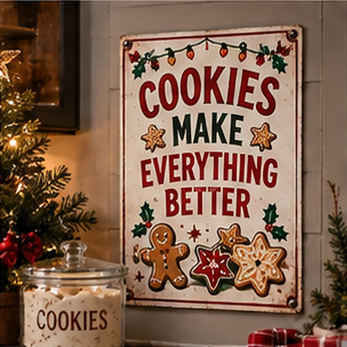 Cookies Make Everything Better aluminum Christmas sign in a realistic holiday setting