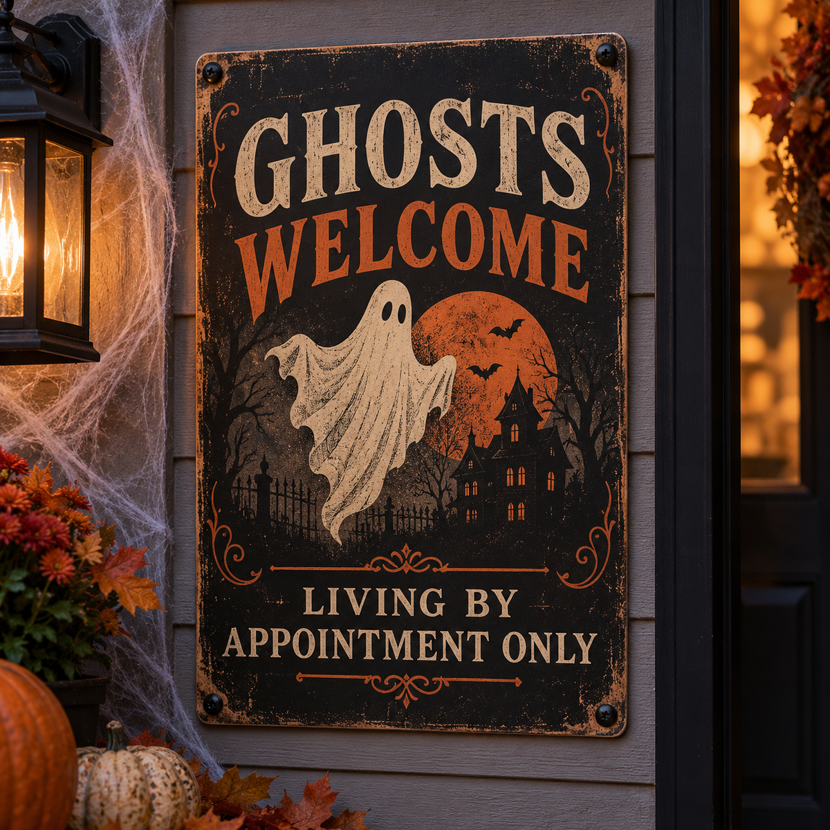 Ghosts Welcome — Living by Appointment Only aluminum Halloween sign