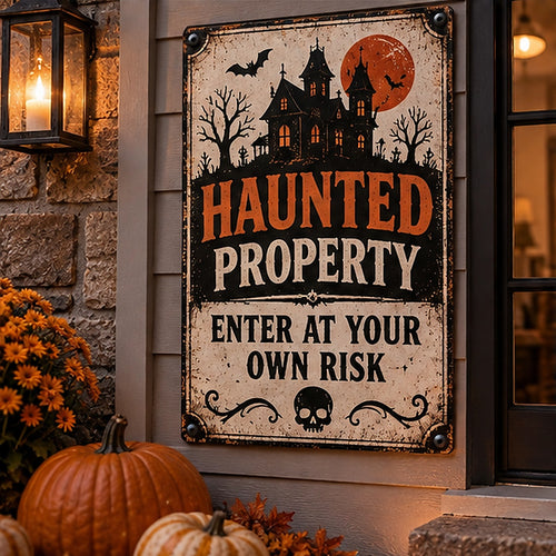 Haunted Property — Enter at Your Own Risk aluminum Halloween sign on a realistic decorated porch