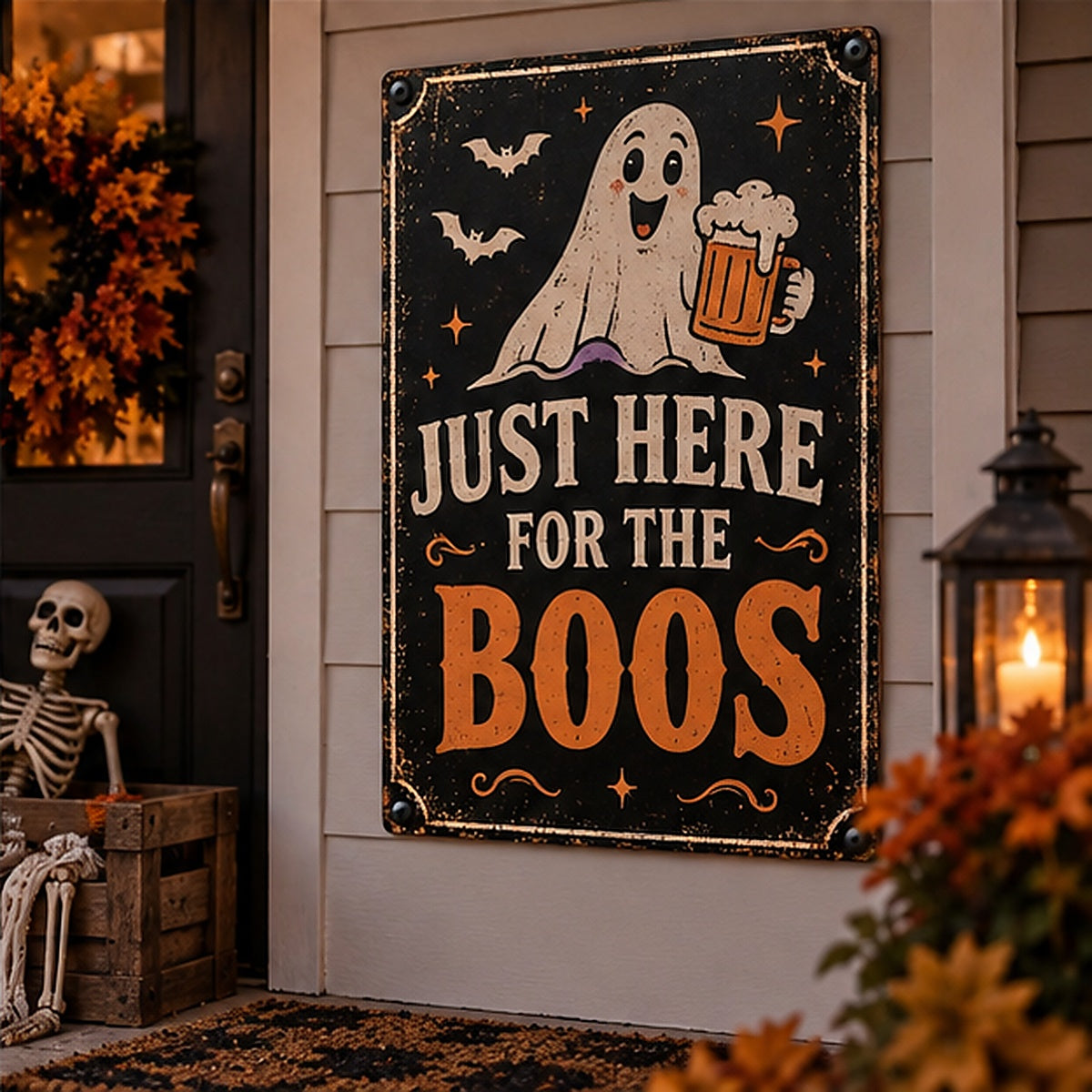 Just Here for the Boos aluminum Halloween sign on a realistic decorated porch