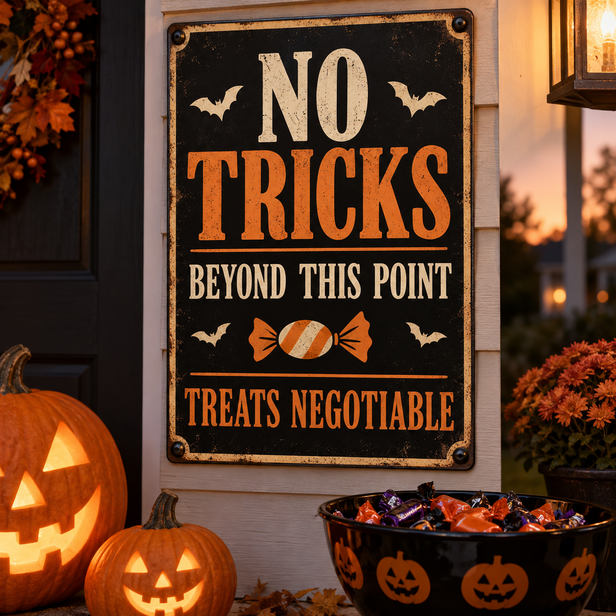 No Tricks Beyond This Point — Treats Negotiable aluminum Halloween sign