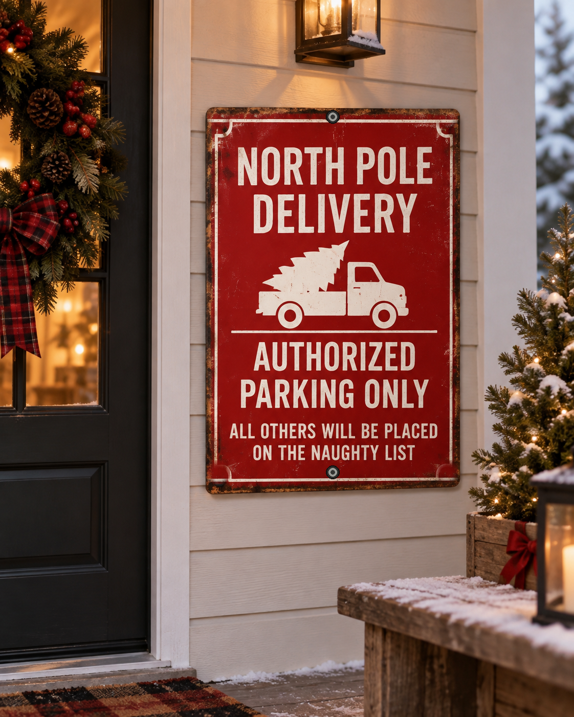 North Pole Delivery Authorized Parking Only aluminum Christmas sign with rounded corners and two centered mounting holes