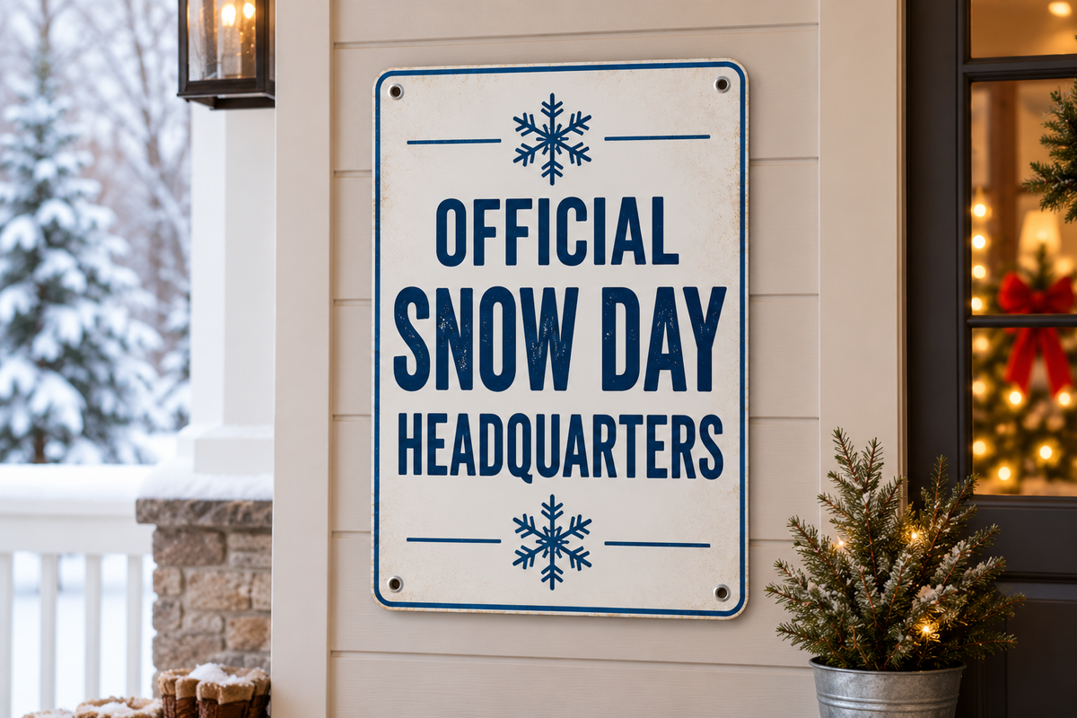 Official Snow Day Headquarters aluminum winter sign with rounded corners and four mounting holes