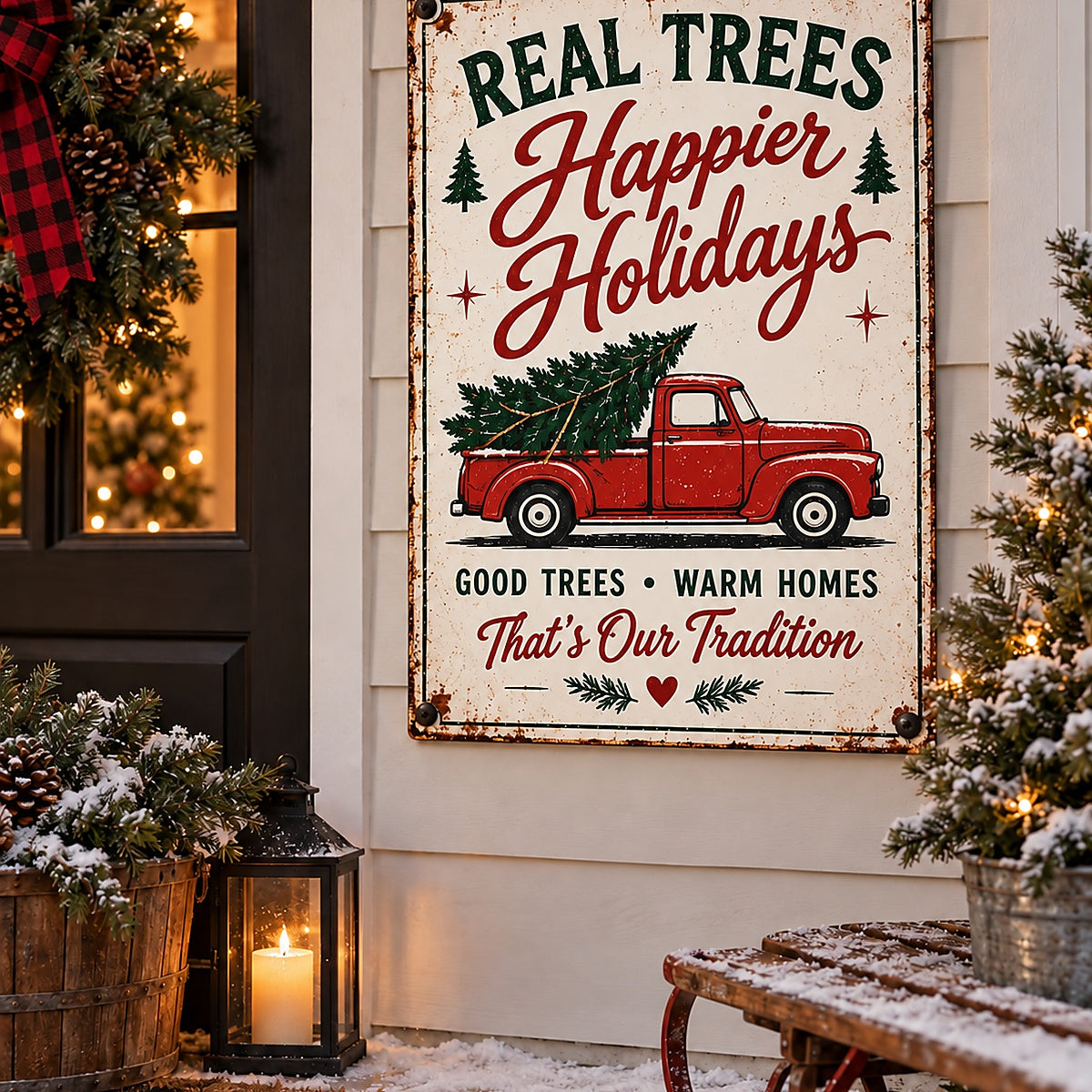 Real Trees, Happier Holidays aluminum Christmas sign on a realistic decorated porch