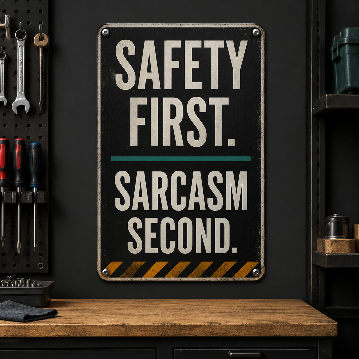Safety First Sarcasm Second aluminum workshop sign