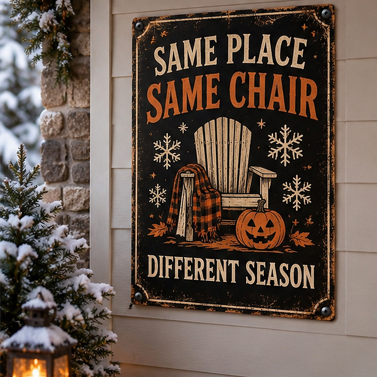 Same Place, Same Chair, Different Season aluminum Halloween sign on a realistic seasonal porch