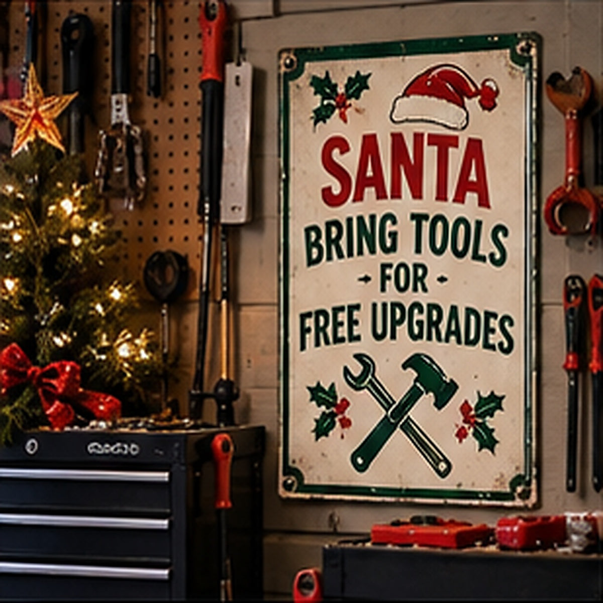 Santa Bring Tools for Free Upgrades aluminum sign in a realistic Christmas workshop