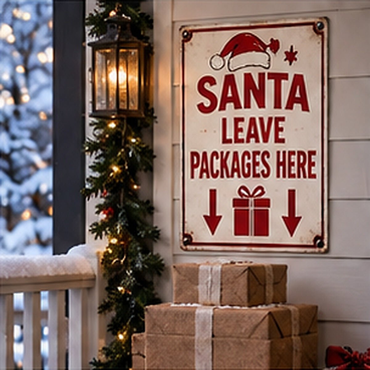 Santa Leave Packages Here aluminum sign on a realistic decorated Christmas porch