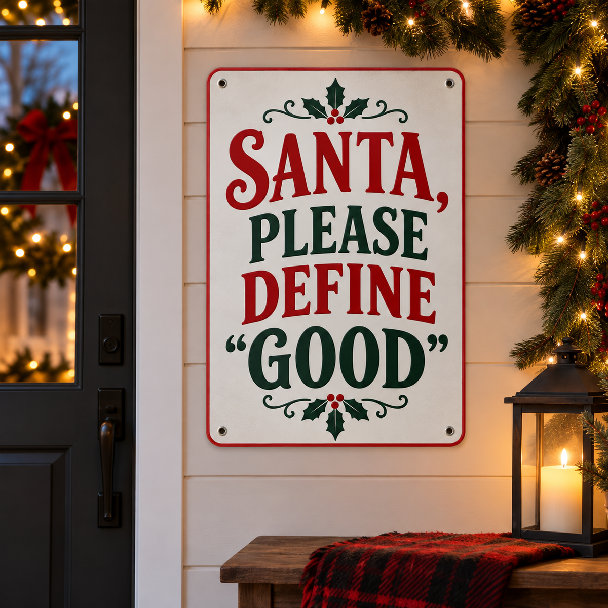 Santa Please Define Good Christmas aluminum sign with red border, rounded corners, and four mounting holes