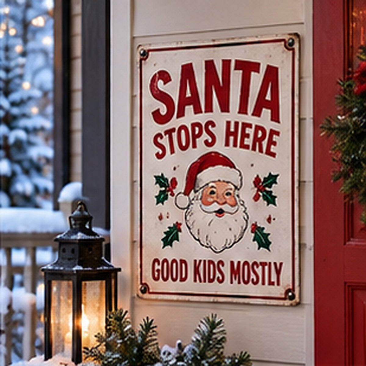 Santa Stops Here — Good Kids Mostly Christmas aluminum sign in a realistic holiday entryway