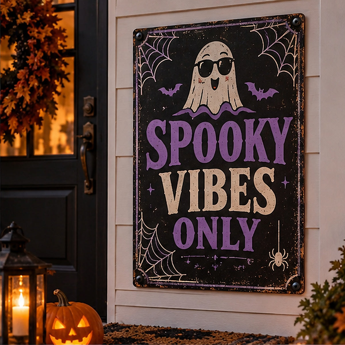 Spooky Vibes Only aluminum Halloween sign on a realistic decorated porch
