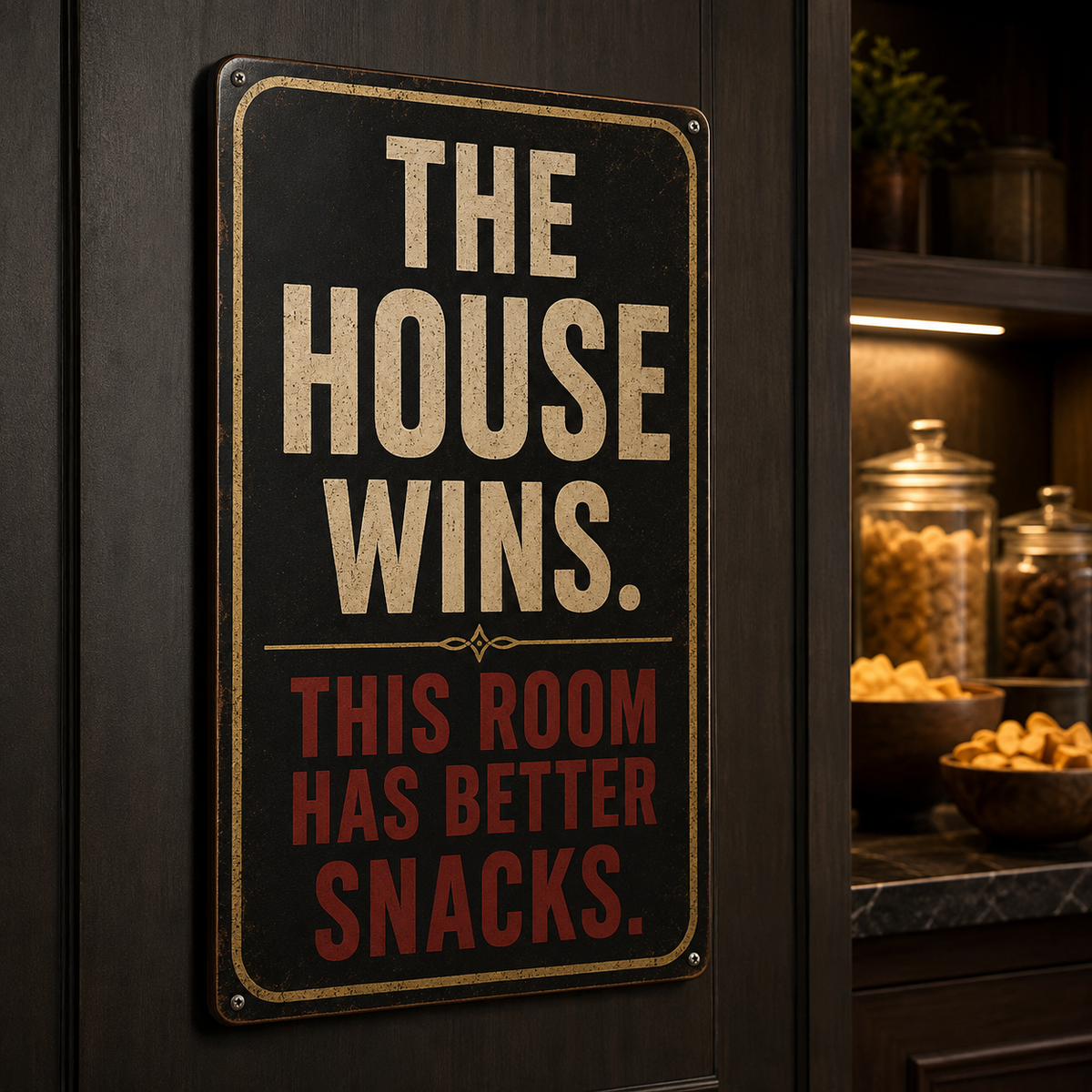 The House Wins this room has better snacks aluminum sign