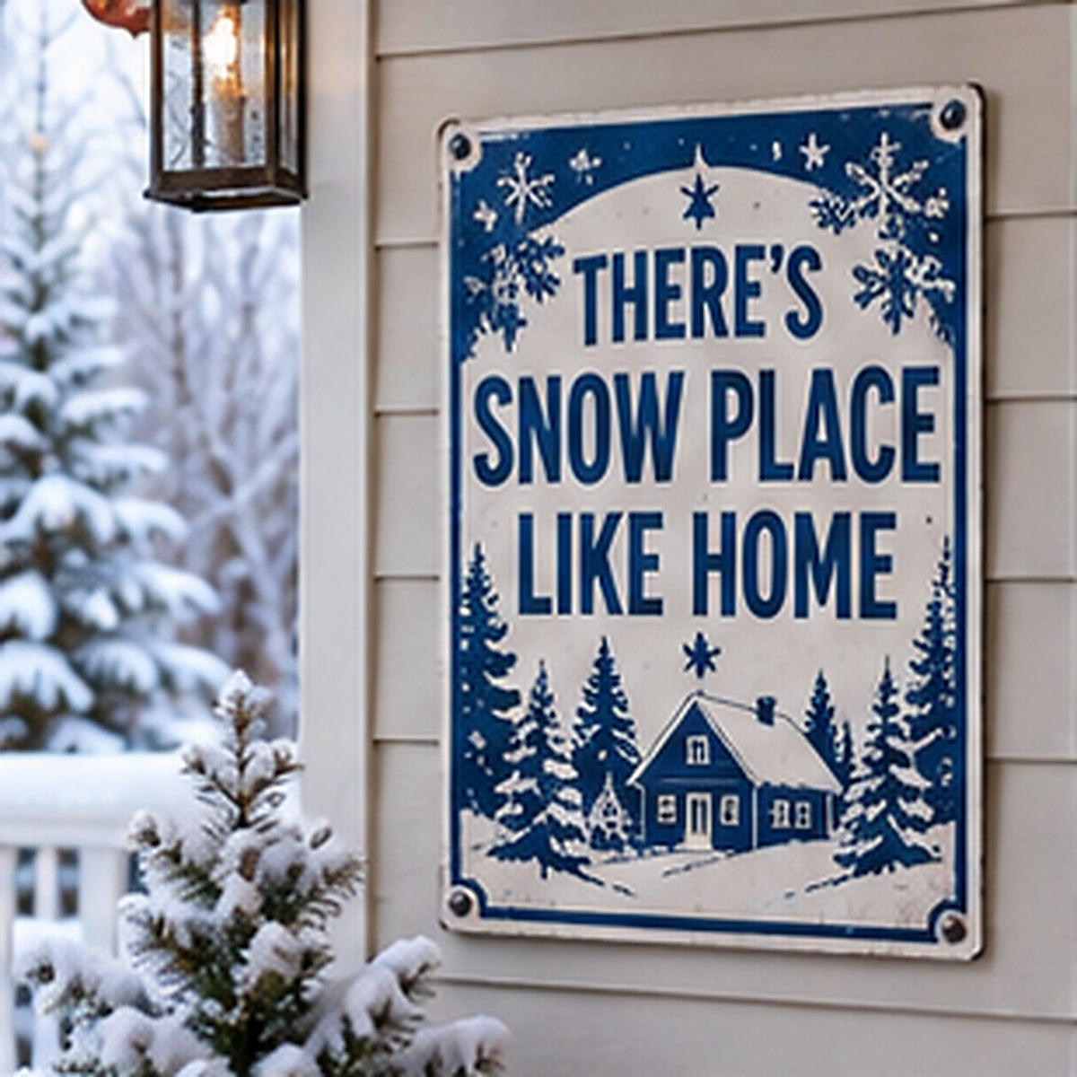 There's Snow Place Like Home aluminum Christmas sign on a realistic snowy porch