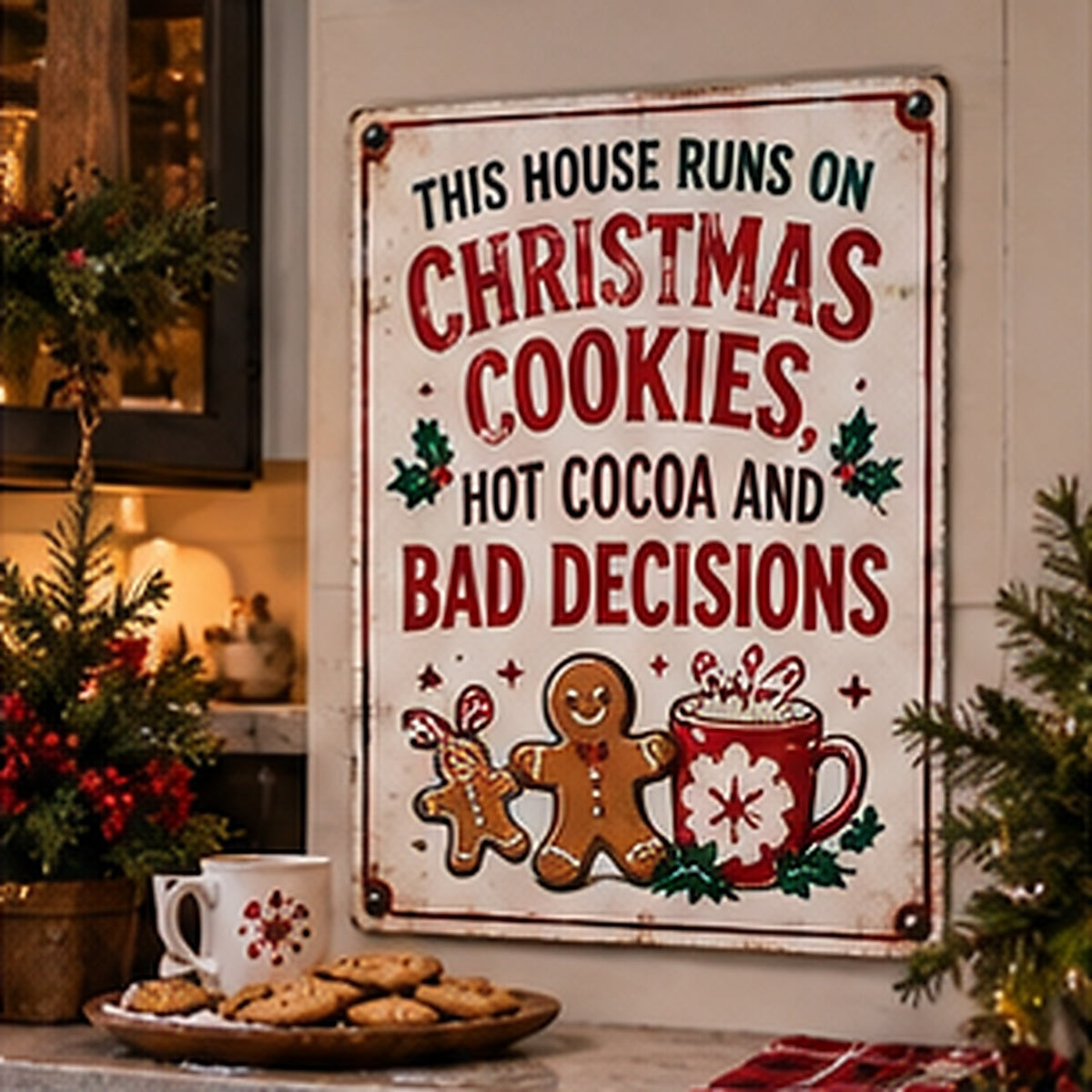 This House Runs on Christmas Cookies, Hot Cocoa and Bad Decisions aluminum sign in a realistic holiday entryway