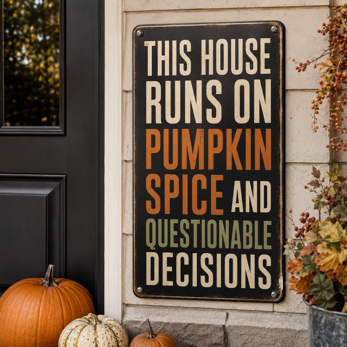 Pumpkin spice and questionable decisions aluminum fall sign