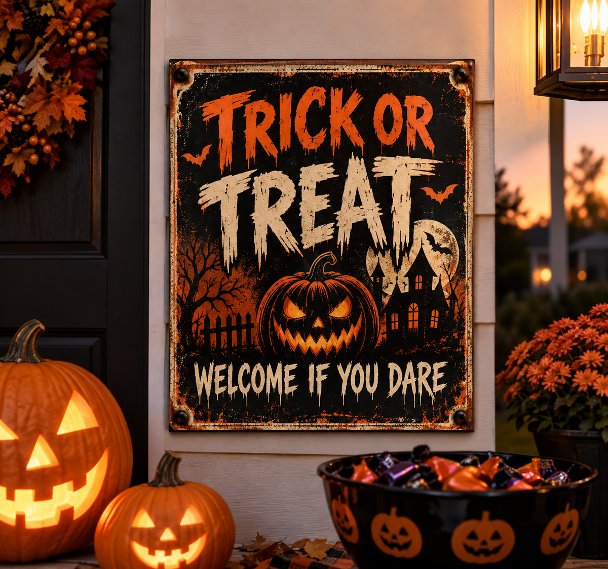 Trick or Treat — Welcome If You Dare Halloween aluminum sign displayed on a decorated porch