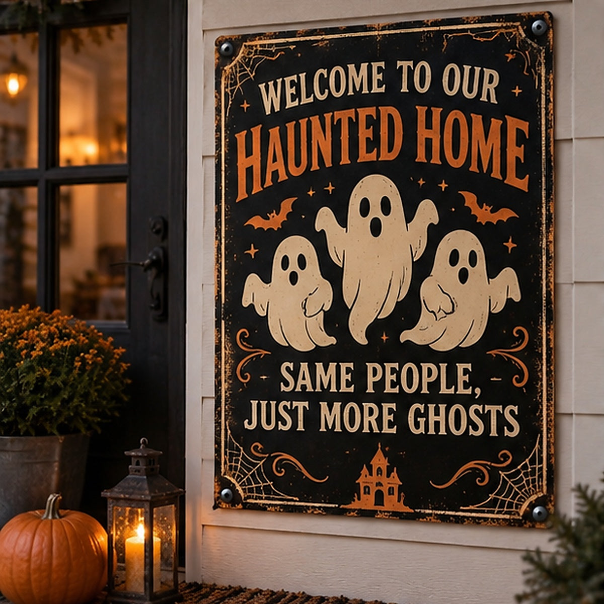 Welcome to Our Haunted Home — Same People, Just More Ghosts aluminum Halloween sign on a realistic decorated porch
