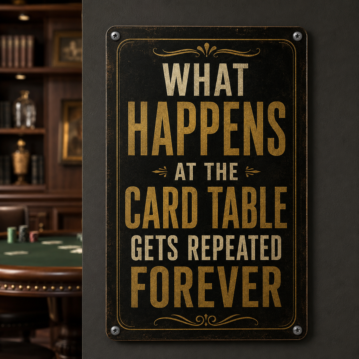 What happens at the card table aluminum game room sign