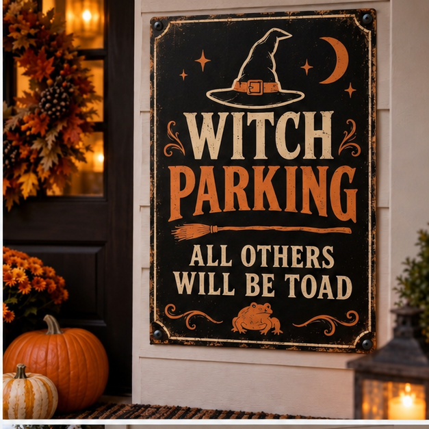 Witch Parking — All Others Will Be Toad Halloween novelty sign on porch